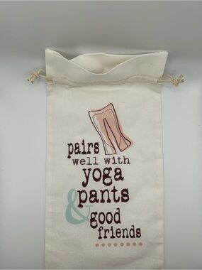 NEW “pairs well with yoga pants & good friends” Drawstring Bottle Bag 🧘♀️🍷